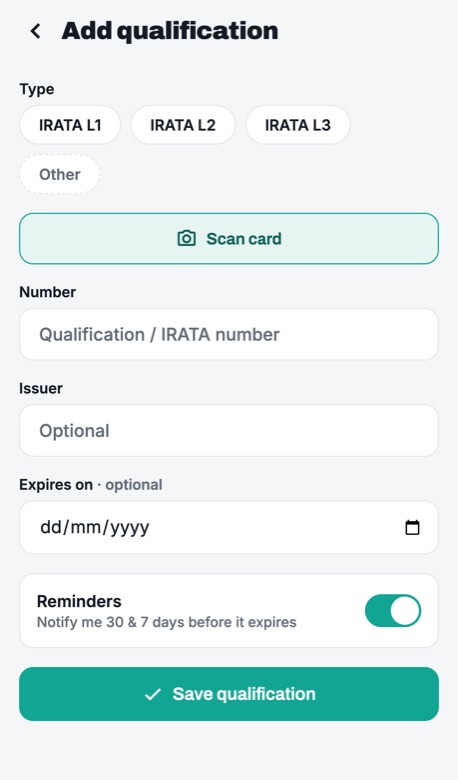 Add qualification screen with the Scan card button