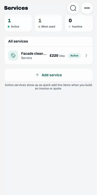 Add a service: name, price, unit. It is a quick-add on every invoice from then on.