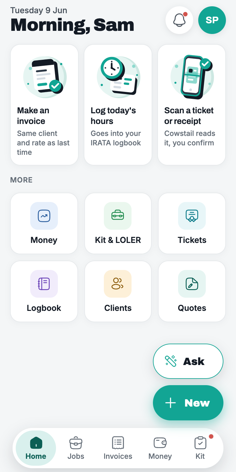 The Cowstail home screen on a phone: make an invoice, log today's hours, scan a ticket