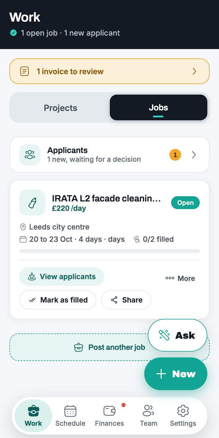 The company home in Cowstail: open jobs, applicants and an invoice to review