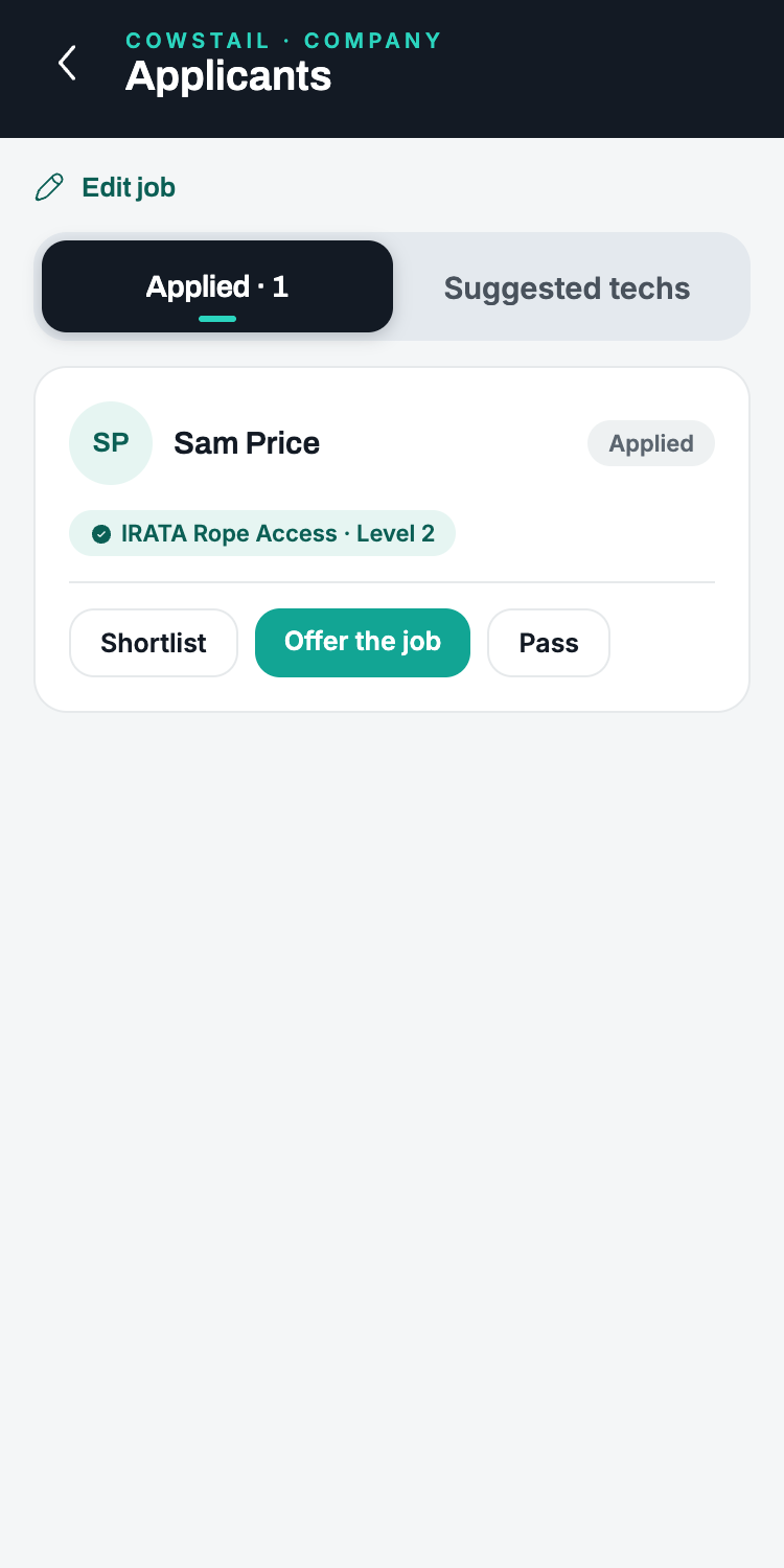 Applicants to a job in Cowstail: a technician with IRATA Level 2, with Shortlist, Offer the job and Pass buttons