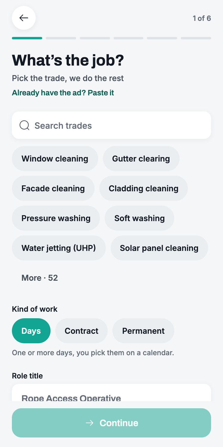 The first step of posting a job in Cowstail